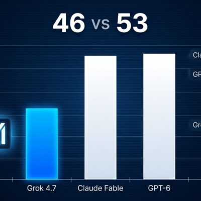 Bar chart comparing Grok 4.7 benchmark scores of 46 versus Claude Fable 5.1 and GPT-6 Astra both at 53 on the Artificial Analysis Intelligence Index