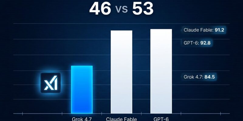 Bar chart comparing Grok 4.7 benchmark scores of 46 versus Claude Fable 5.1 and GPT-6 Astra both at 53 on the Artificial Analysis Intelligence Index