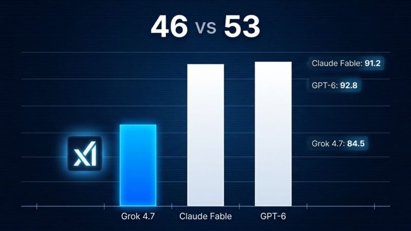 Bar chart comparing Grok 4.7 benchmark scores of 46 versus Claude Fable 5.1 and GPT-6 Astra both at 53 on the Artificial Analysis Intelligence Index