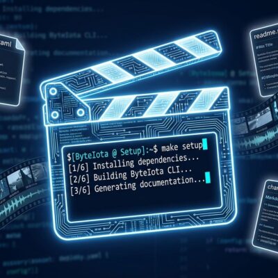 OpenMontage agentic video production system - film clapperboard made of circuits with terminal commands