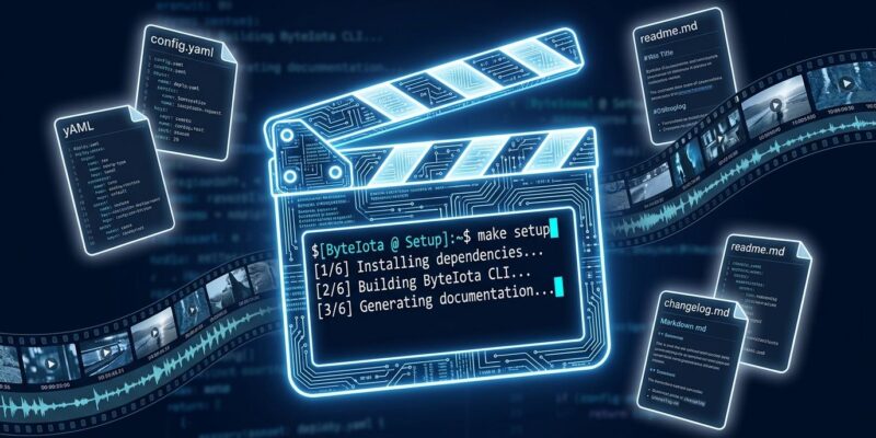 OpenMontage agentic video production system - film clapperboard made of circuits with terminal commands