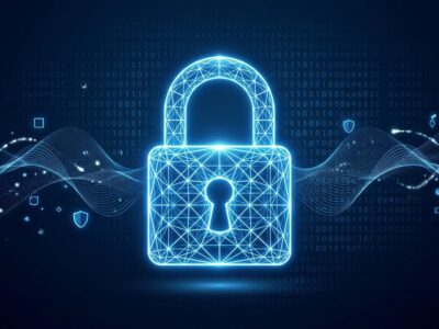 Abstract lattice grid padlock illustration representing post-quantum cryptography in .NET 10