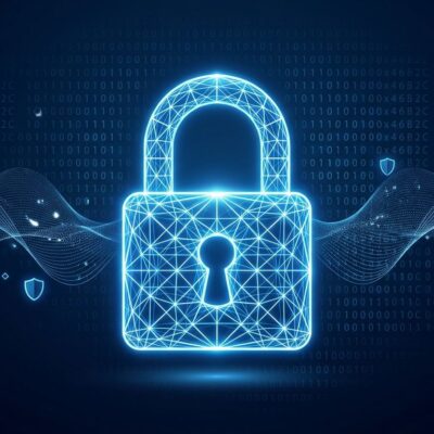 Abstract lattice grid padlock illustration representing post-quantum cryptography in .NET 10