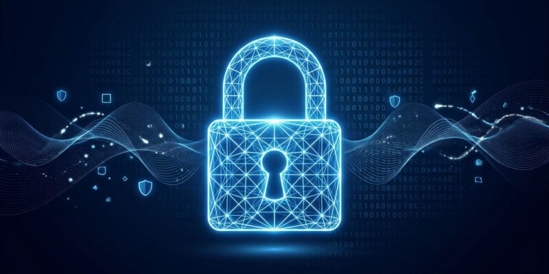 Abstract lattice grid padlock illustration representing post-quantum cryptography in .NET 10