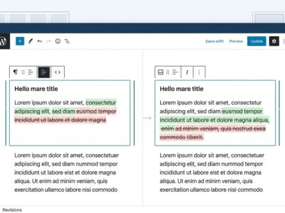 Gutenberg 24.0 block editor showing visual revision diff with post title tracking and gallery grid layout
