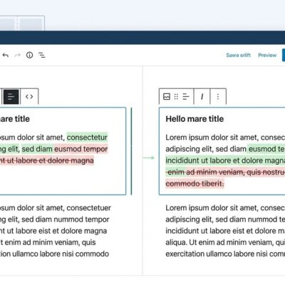 Gutenberg 24.0 block editor showing visual revision diff with post title tracking and gallery grid layout