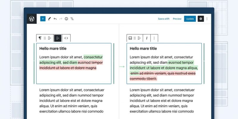 Gutenberg 24.0 block editor showing visual revision diff with post title tracking and gallery grid layout
