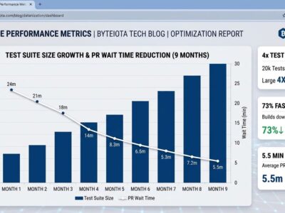 Data visualization dashboard showing CI pipeline test growth (4x) and PR wait time reduction after AI coding optimization