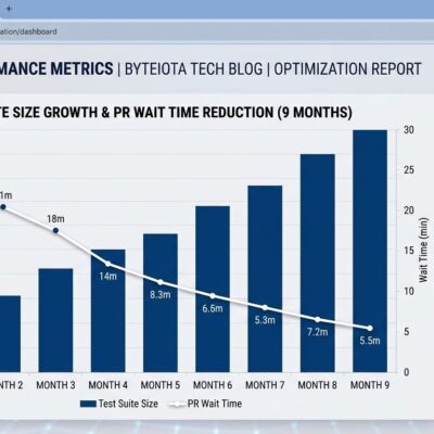 Data visualization dashboard showing CI pipeline test growth (4x) and PR wait time reduction after AI coding optimization