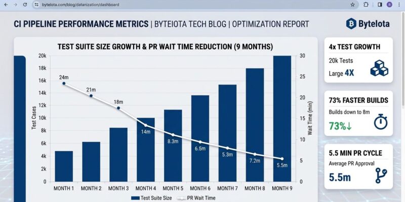 Data visualization dashboard showing CI pipeline test growth (4x) and PR wait time reduction after AI coding optimization
