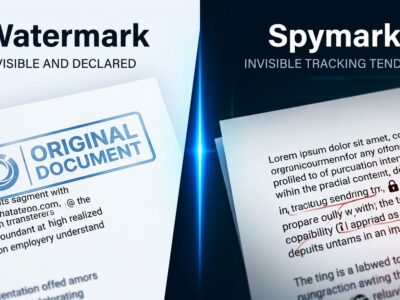 Split-screen illustration contrasting visible watermarks on left with invisible spymark tracking tendrils on right, representing hidden AI content tracking