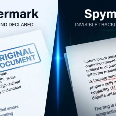 Split-screen illustration contrasting visible watermarks on left with invisible spymark tracking tendrils on right, representing hidden AI content tracking