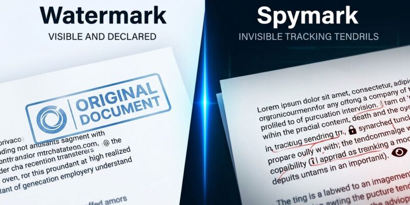Split-screen illustration contrasting visible watermarks on left with invisible spymark tracking tendrils on right, representing hidden AI content tracking
