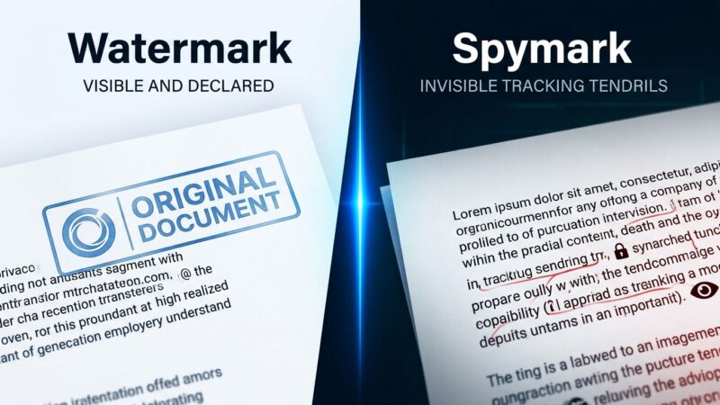 Split-screen illustration contrasting visible watermarks on left with invisible spymark tracking tendrils on right, representing hidden AI content tracking