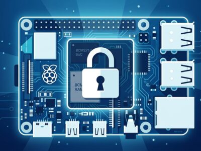 Raspberry Pi 5 circuit board with padlock icon on RAM chip area representing firmware lockdown