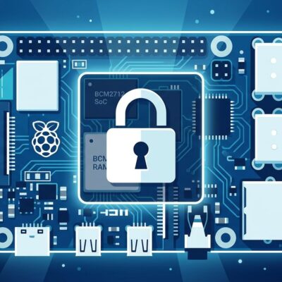 Raspberry Pi 5 circuit board with padlock icon on RAM chip area representing firmware lockdown