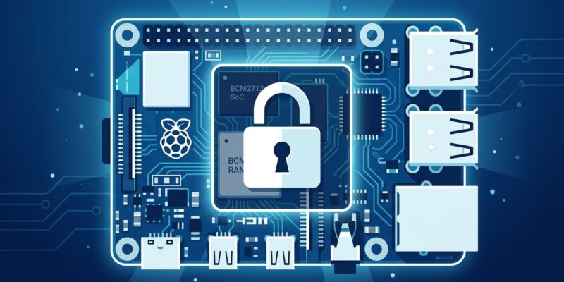 Raspberry Pi 5 circuit board with padlock icon on RAM chip area representing firmware lockdown