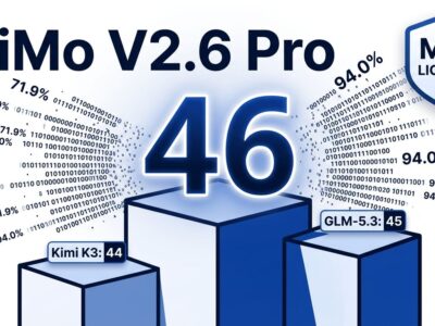 MiMo V2.6 Pro ranking podium showing score of 46 on Artificial Analysis Intelligence Index, MIT license badge, benchmark scores