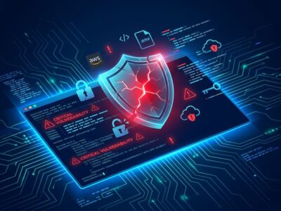 Cracked shield icon with .env and AWS credential icons floating around a dark blue terminal screen, representing the Vite CVE-2026-39364 vulnerability