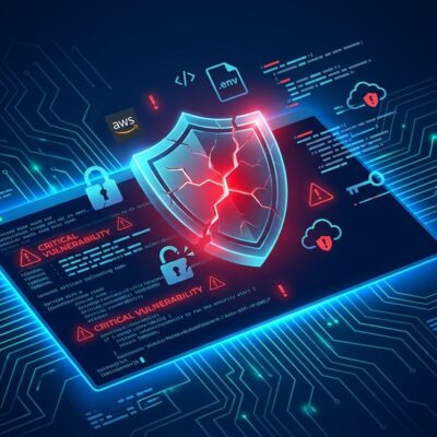 Cracked shield icon with .env and AWS credential icons floating around a dark blue terminal screen, representing the Vite CVE-2026-39364 vulnerability