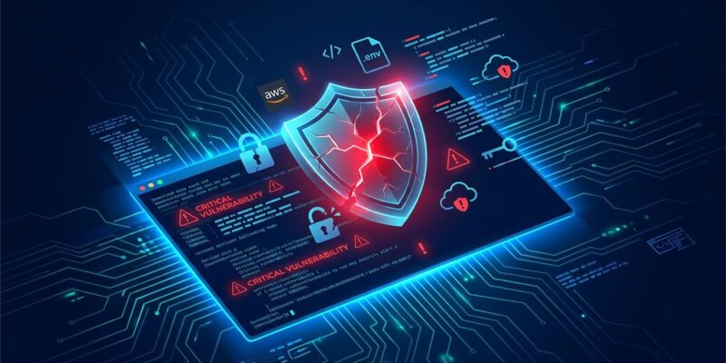 Cracked shield icon with .env and AWS credential icons floating around a dark blue terminal screen, representing the Vite CVE-2026-39364 vulnerability