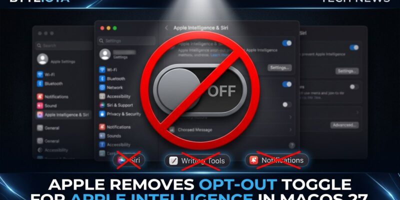Toggle switch disabled with prohibition symbol representing Apple removing the Apple Intelligence off switch in macOS 27