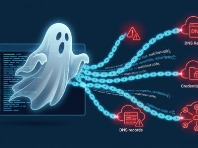 Ghost emerging from server logs hijacking AI agent DNS and cloud credentials - GhostJacking attack visualization