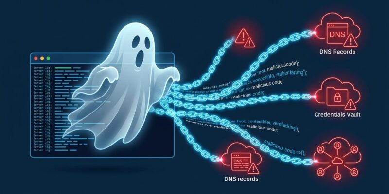 Ghost emerging from server logs hijacking AI agent DNS and cloud credentials - GhostJacking attack visualization