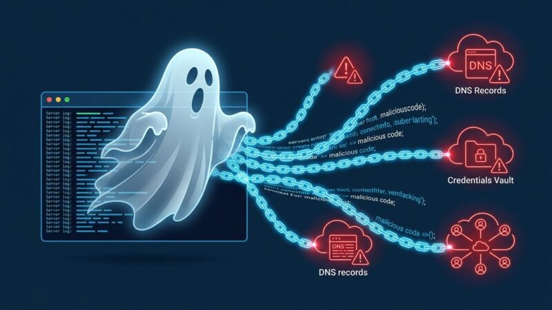 Ghost emerging from server logs hijacking AI agent DNS and cloud credentials - GhostJacking attack visualization