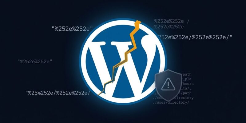 WordPress logo with security vulnerability fracture representing CVE-2026-87902 path traversal flaw