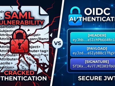 Split-screen comparison showing cracked SAML XML document on left versus clean OIDC JWT token on right, illustrating why SAML is architecturally broken
