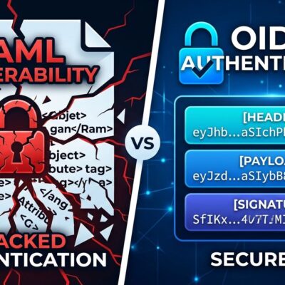 Split-screen comparison showing cracked SAML XML document on left versus clean OIDC JWT token on right, illustrating why SAML is architecturally broken