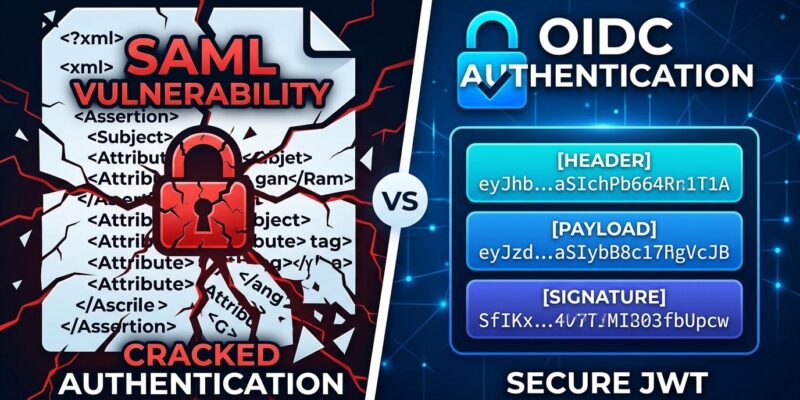 Split-screen comparison showing cracked SAML XML document on left versus clean OIDC JWT token on right, illustrating why SAML is architecturally broken