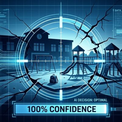 Abstract conceptual image of AI targeting reticle over a school building representing automation bias and AI overreliance in decision systems