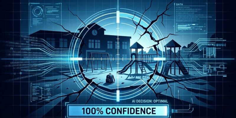 Abstract conceptual image of AI targeting reticle over a school building representing automation bias and AI overreliance in decision systems