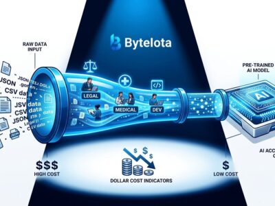 Data pipeline illustration showing AI training data flowing from raw text and human experts to a polished AI model chip