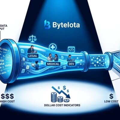 Data pipeline illustration showing AI training data flowing from raw text and human experts to a polished AI model chip