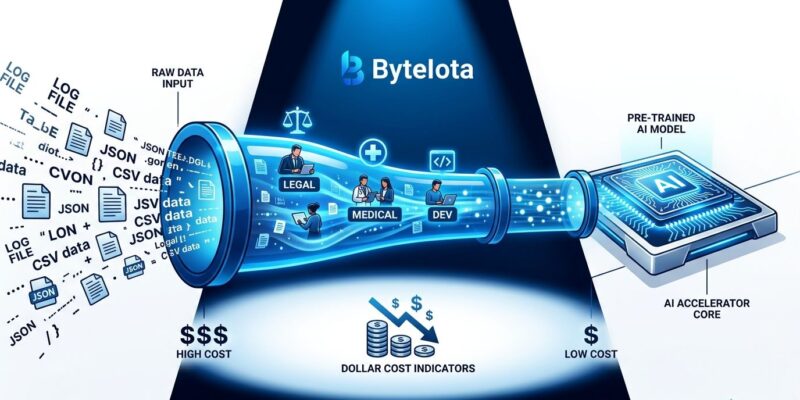 Data pipeline illustration showing AI training data flowing from raw text and human experts to a polished AI model chip