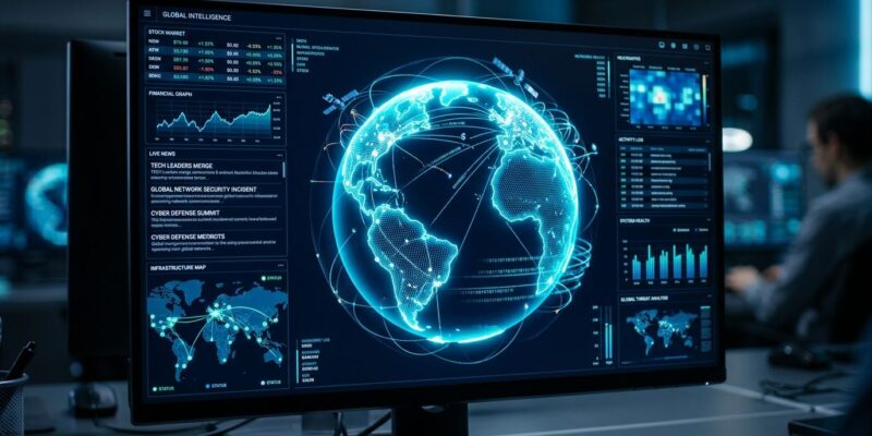 WorldMonitor global intelligence dashboard showing a 3D globe with geopolitical data, military tracking, and AI-powered news feeds