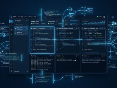 Cline Desktop showing parallel agent sessions with blue and white UI on dark background