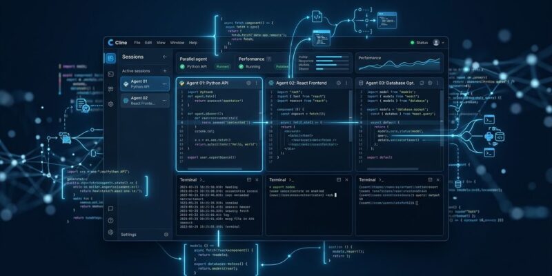 Cline Desktop showing parallel agent sessions with blue and white UI on dark background