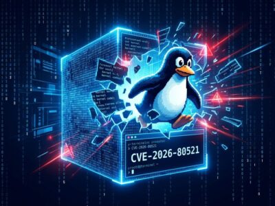 Linux penguin breaking out of a glowing digital container representing CVE-2026-80521 Ubuntu kernel container escape vulnerability