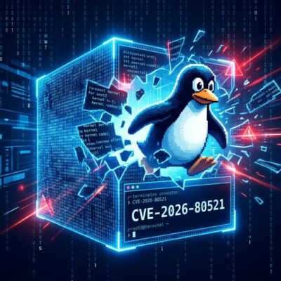 Linux penguin breaking out of a glowing digital container representing CVE-2026-80521 Ubuntu kernel container escape vulnerability