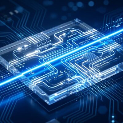 Blue laser light passing through a photonic chip with glowing optical waveguides on a dark background