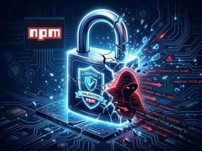 A cracked digital padlock with npm certificate seal breaking apart, representing the GHAPPIER supply chain attack that weaponized npm trusted publishing