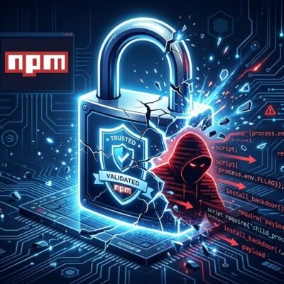 A cracked digital padlock with npm certificate seal breaking apart, representing the GHAPPIER supply chain attack that weaponized npm trusted publishing
