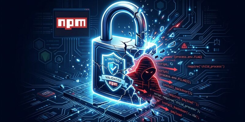 A cracked digital padlock with npm certificate seal breaking apart, representing the GHAPPIER supply chain attack that weaponized npm trusted publishing