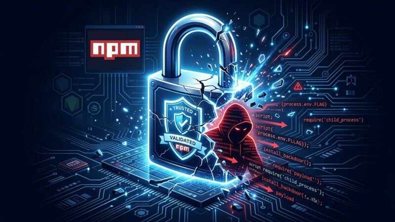 A cracked digital padlock with npm certificate seal breaking apart, representing the GHAPPIER supply chain attack that weaponized npm trusted publishing