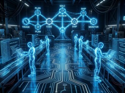 Factory 2.0 autonomous software factory showing AI agents working across the full software development lifecycle with blue and white circuit board patterns