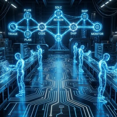 Factory 2.0 autonomous software factory showing AI agents working across the full software development lifecycle with blue and white circuit board patterns